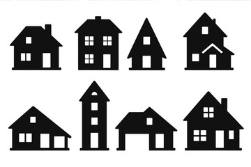 Fototapeta premium Black house silhouettes collection displaying diverse architectural styles, geometric shapes, and building forms. Minimalist vector icons for real estate, construction, and graphic design resources.