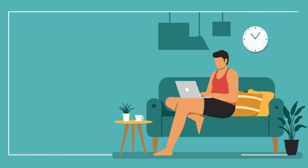 Young man comfortably working remotely on a laptop from his home sofa. Represents modern digital lifestyle, flexibility, and connectivity.