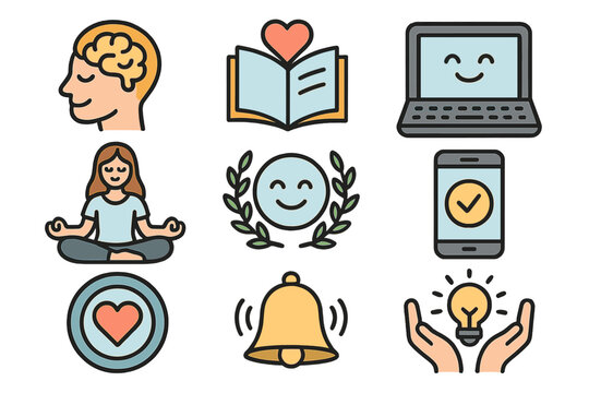 Set of various colorful mental wellness and mindfulness practice icons in digital style, cartoon vector illustration on transparent background, ordered collection for health and meditation concepts