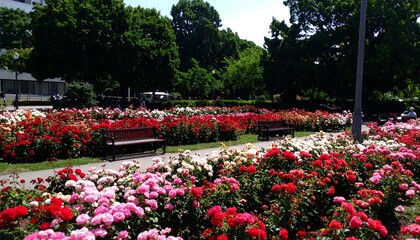 Vibrant Rose Garden with Benches and Lush Green Trees in Sunlight.