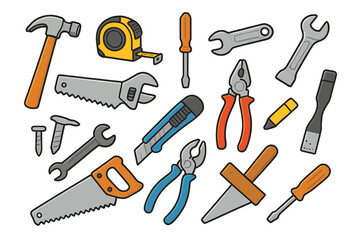 Hand Tools Vector Set for DIY and Home Improvement Projects. Cartoon Construction Tools and Hardware Essentials. Repair Equipment, Maintenance Instruments, Workshop Supplies, Isolated Illustration