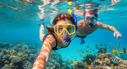Couple Snorkeling Underwater in Colorful Coral Reef Ecosystem During Vacation