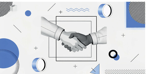 A handshake between two individuals of different ethnicities, set against a backdrop of modern geometric shapes, symbolizing unity, partnership, and collaboration.