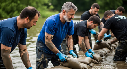 Community Volunteers Building Sandbag Wall to Protect Homes from Floodwaters