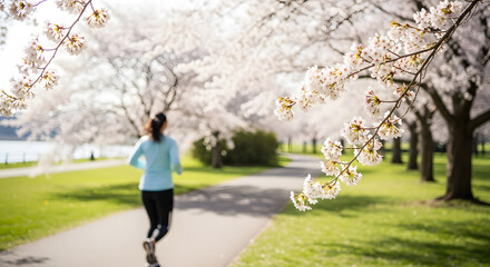 Obraz premium Spring Jog Woman Runs Under Cherry Blossoms in Park, Exercise and Nature