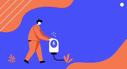 Man charges a device at a power station, representing renewable energy, technological progress, and sustainable solutions.