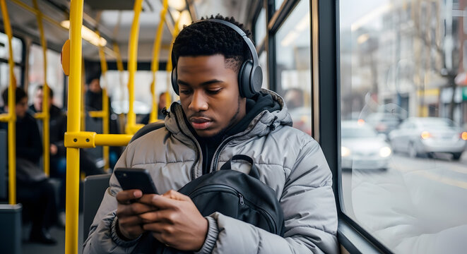Urban Commute Young man uses smartphone in bus during city transit journey