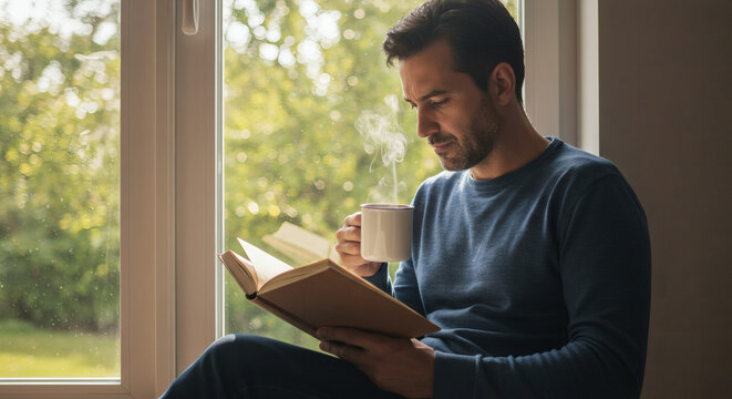 Man Relaxing at Home, Enjoying a Book and Coffee by Window