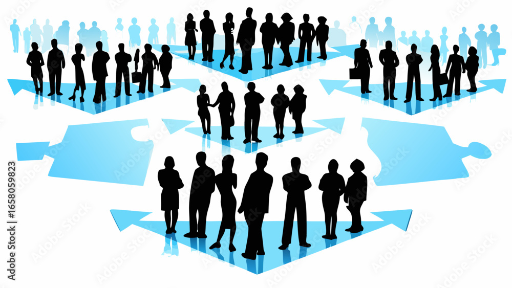 Poster silhouetted people standing on blue puzzle piece arrows pointing downwards in a layered hierarchical