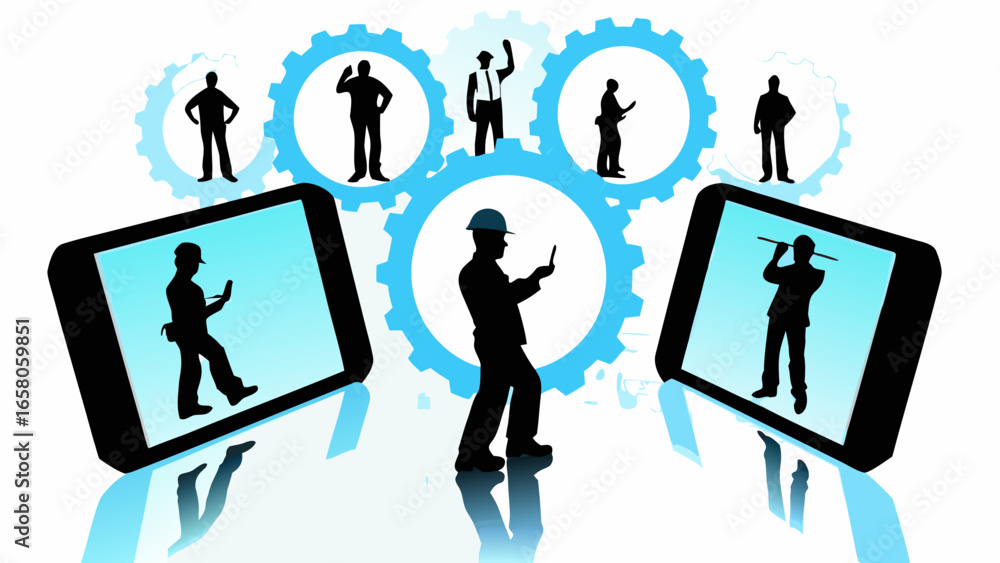 Poster silhouetted figures in gears and on mobile devices against a white reflective background scene desig