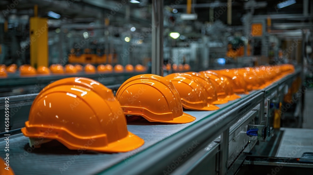 Poster safety first: assembly line with rows of bright orange hard hats ready for use, reflecting a commitm