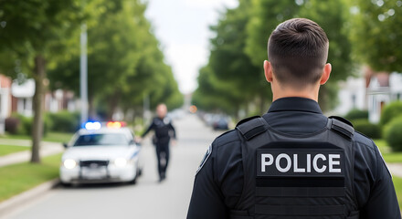 Law Enforcement Pursuit Police Officer in Pursuit of Suspect on Suburban Street