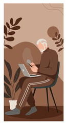 Elderly man engaged with a smartphone and laptop in a comfortable, modern setting, highlighting digital connectivity and active senior lifestyle.