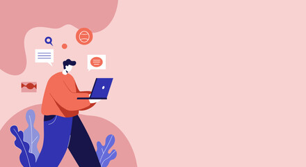 Modern illustration of a man using a laptop for communication, work, or social networking online. Represents digital lifestyle and connectivity.