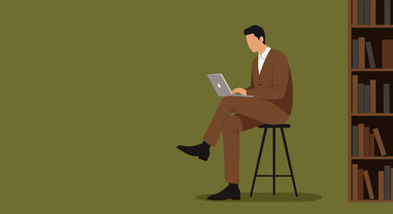 Man focused on his laptop while sitting by a bookshelf, ideal for concepts of remote work, online education, or research.