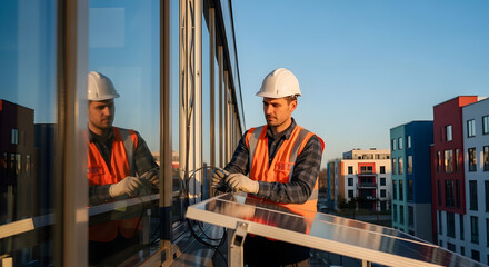 Obraz premium Installation of Solar Panels by a Technician on a Building Facade with Reflection