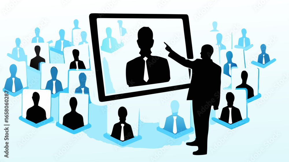 Poster a presenter pointing at a screen during a virtual meeting with many attendees represented as avatars