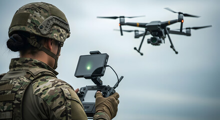 Military Drone Operation Soldier Piloting UAV for Tactical Surveillance Mission