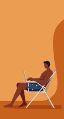 A man in swim shorts works on his laptop from a beach chair, embodying remote work, digital nomad lifestyle, and summer productivity. Ideal for travel, business, and leisure concepts.