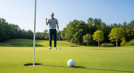 Obraz premium Golfing Triumph Golfer Celebrates a Successful Putt on a Lush Green Course, Victory