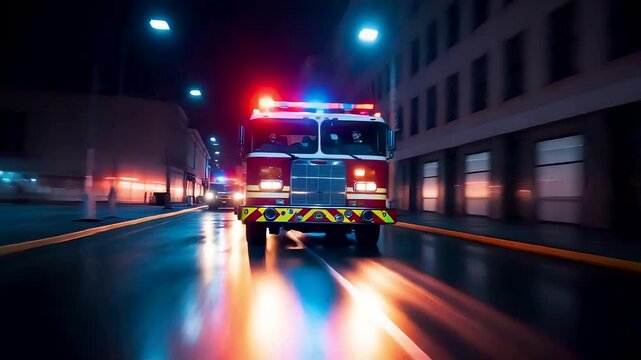 Emergency firetruck with flashing red and blue lights driving fast through dark city street at night responding to call