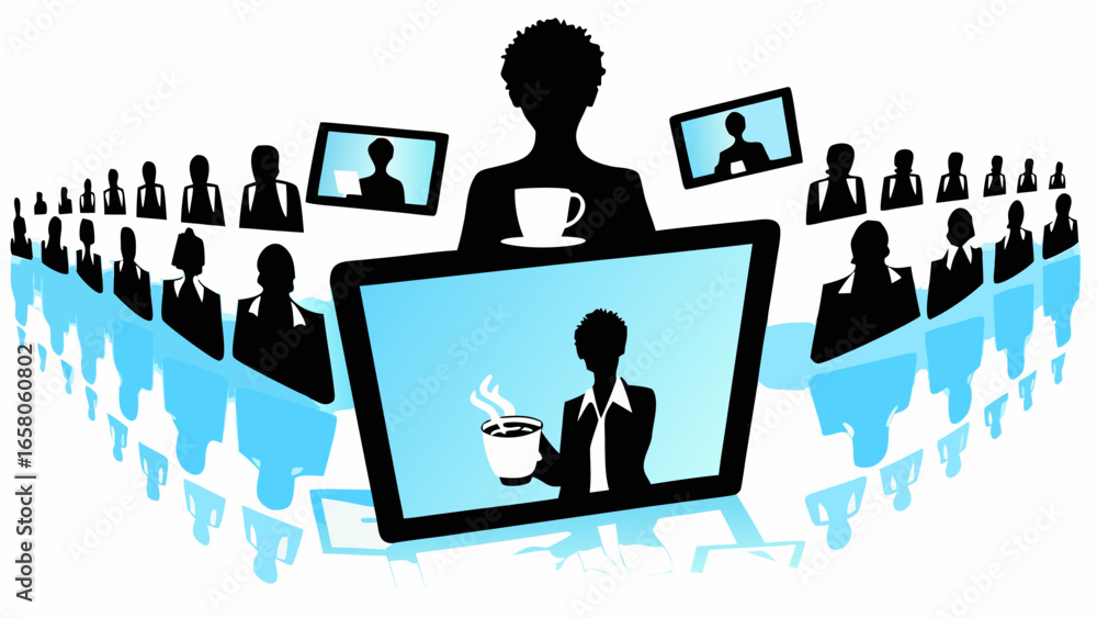 Poster a virtual meeting with a presenter on a large screen surrounded by smaller screens and attendees