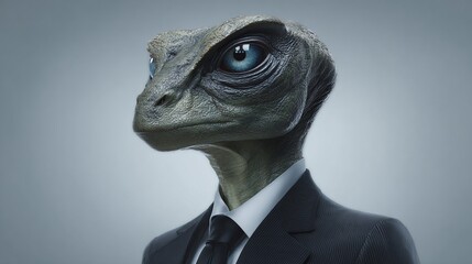 Anthropomorphic lizard wearing suit. Surreal portrait of a reptile-human hybrid, blending animalistic features with formal attire, embodying themes of transformation