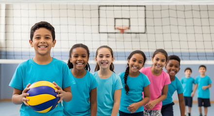 Happy Children Ready to Play Volleyball in Gym Class with Net Background