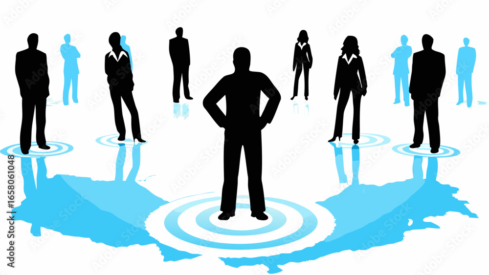 Poster silhouette of business people standing on a blue map with concentric circles around them in a group 