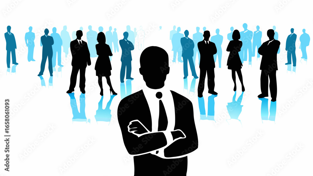 Poster silhouette of business leader in front of a crowd of people in suits on a white background with refl