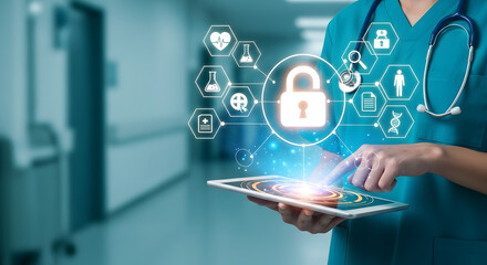 Healthcare Data Security Doctor using Tablet with Lock Icon, Protect Patient Information