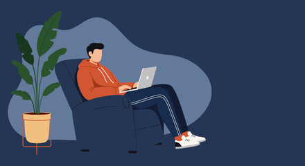 Young man working remotely on a laptop in a comfortable armchair at home. Represents flexible work, online learning, and modern digital lifestyle.