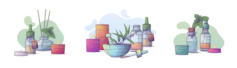 Vector illustration of essential oils with candles, diffuser, glass bottles, bowls with green herbs and mint sprigs. Aromatherapy composition for calm wellness, spa, skincare, natural self-care themes