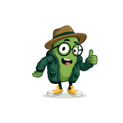 Cartoon avocado character wearing a hat glasses and jacket giving a thumbs up on a white background