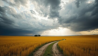 Fototapeta premium Golden field leading to a distant forest under a dramatic sky filled with dark storm clouds and soft sunlight