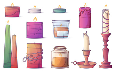 Vector set of illustration of colorful candles in different styles, including candles in holders, glass jars, and decorative containers. Bright collection for celebration, spa, and home decor design.