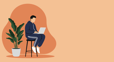 Casual person using laptop at home, symbolizing remote work, online learning, and digital lifestyle with ample copy space.