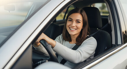 Happy Woman Driving Car Road Trip, Travel, Commute, and Transportation Enjoyment