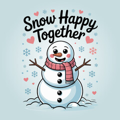 Snow happy together cute snowman waving amid fluffy snowflakes festive Christmas vector illustration for greeting cards posters stickers tshirt printable