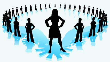 Silhouette of a woman standing confidently with a circle of people around her on a blue gear design