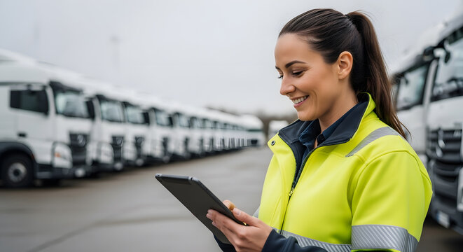 Confident Female Worker Inspecting Trucks with Tablet Device at Vehicle Lot