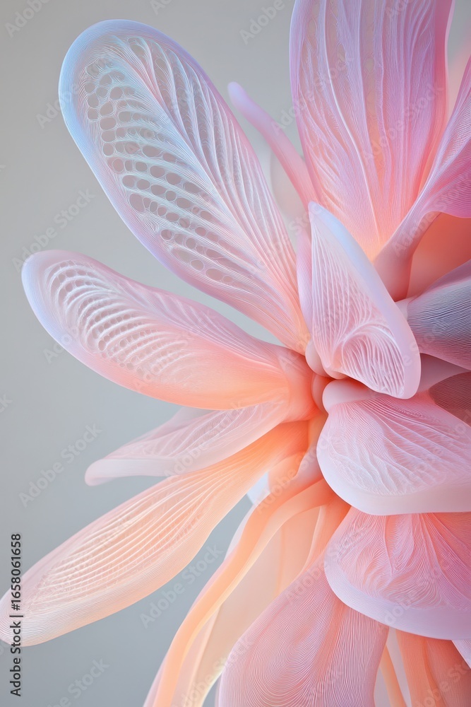 Poster delicate translucent petals unfurl with intricate fine textures in soft pastel tones of pink and blu