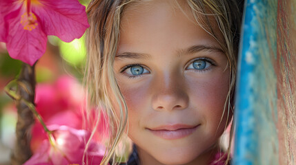 Fototapeta premium Cute Girl with Blue Eyes Holding Surfboard