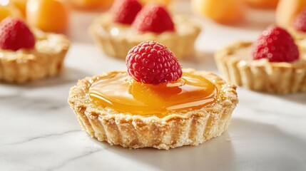 Fruit tart assembly detailed view of raspberry positioning on golden custard cream with glossy finish, artisanal pastry craftsmanship in luxury dessert presentation