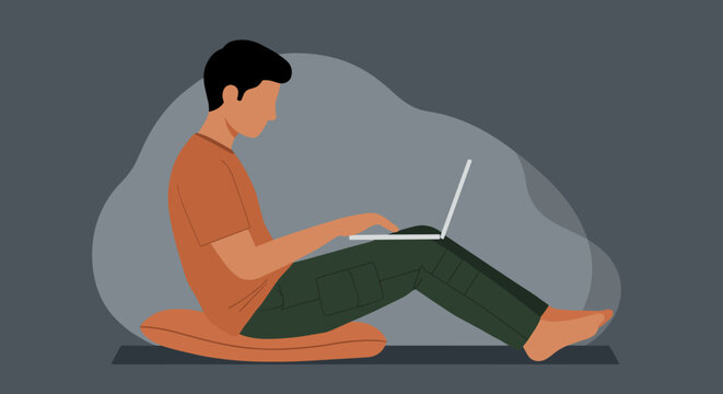 Person sitting comfortably on the floor using a laptop, ideal for remote work, study, freelance, or online communication concepts.
