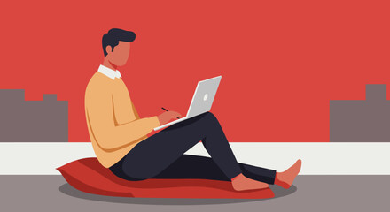 A man sits comfortably with his laptop and stylus, working or creating remotely in a modern setting. Ideal for themes of digital work, online education, or relaxed freelancing.