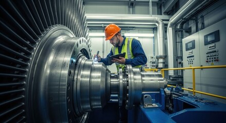 Fototapeta premium Industrial worker inspects large turbine