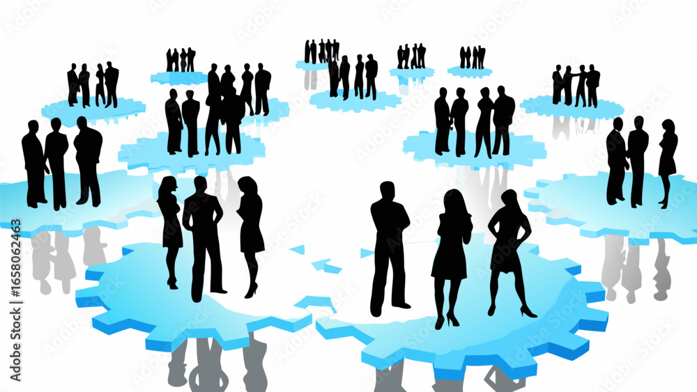 Poster silhouetted people standing on interconnected gears representing teamwork and collaboration in busin