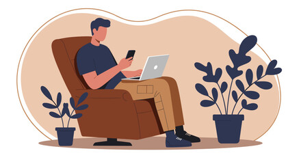 Man comfortably working or relaxing from home, using laptop and smartphone in an armchair. Depicts remote work, online learning, or digital lifestyle.