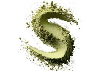 A light olive-green powder forms the letter "S".  The powder is scattered, creating a textured, 3D effect against a black background
